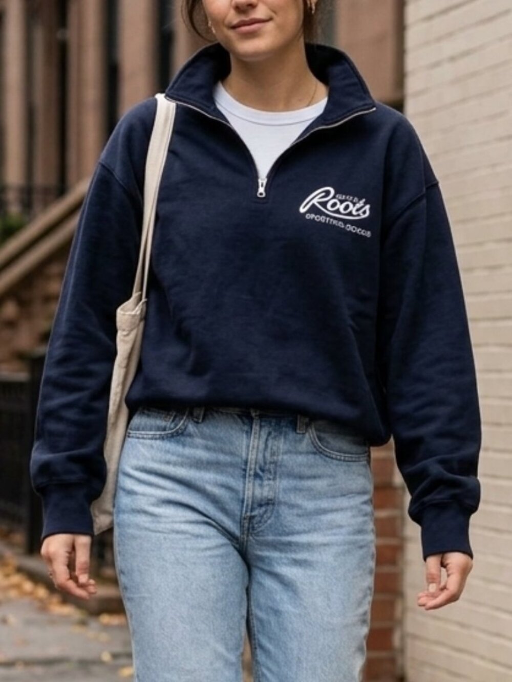 Vintage 90s Roots Sports Goods Navy Blue Quarter-Zip Pullover Sweatshirt Sz M/L